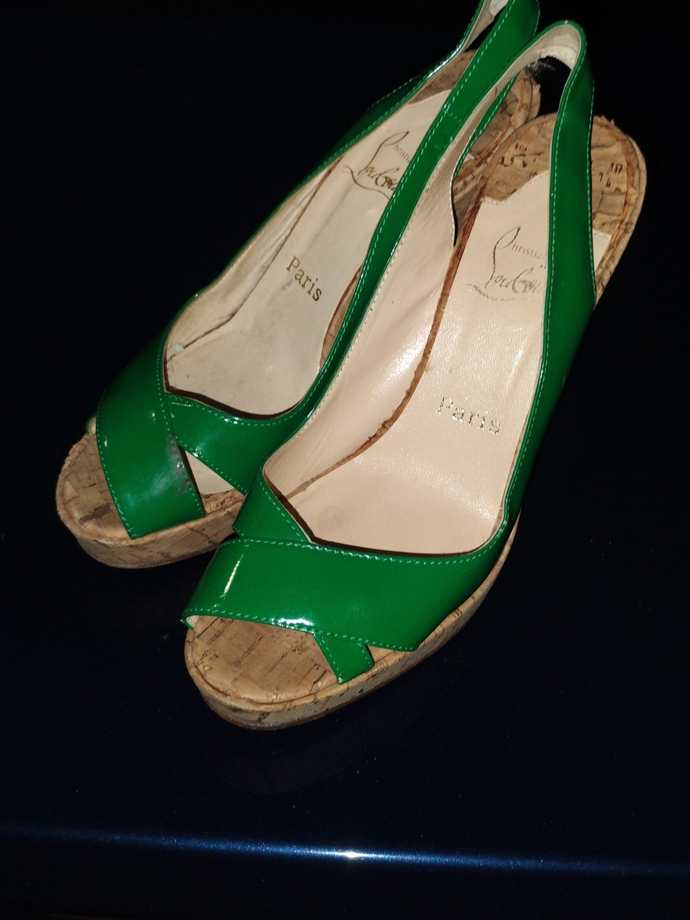 Christian Louboutin Green Patent Leather Peep-Toe Wedge Sandals
